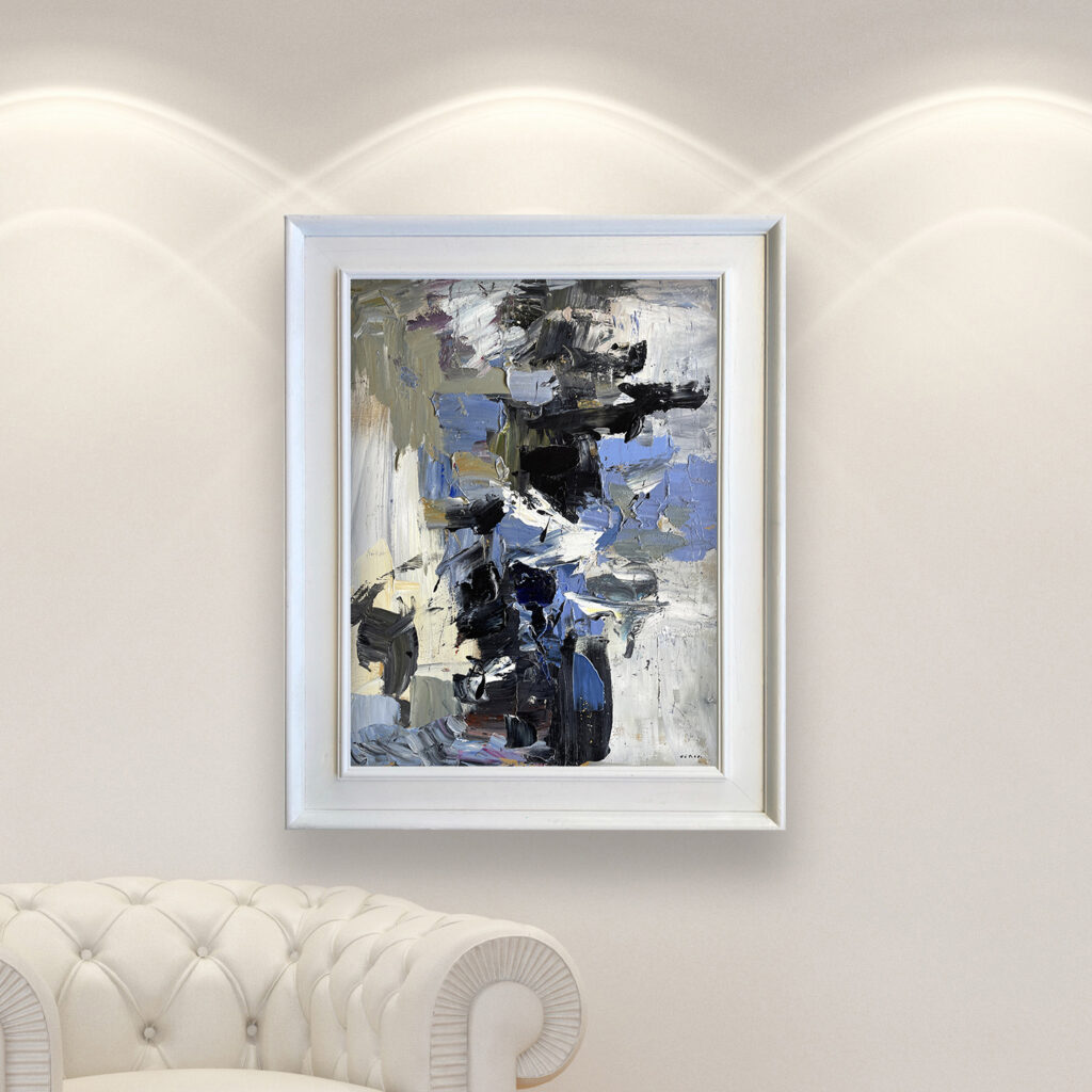 Abstract painting, original oil painting on canvas hanging in a modern living room with a white sofa