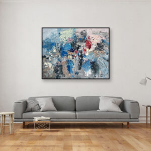 Abstract painting, original oil painting on canvas hanging in a modern living room with a gray sofa and home decor