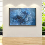 Blue abstract painting, original oil painting on canvas, hanging on a modern wall