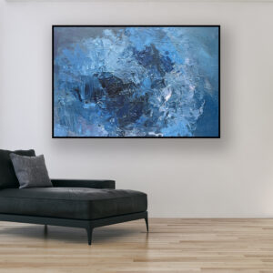 Blue abstract painting, original oil painting on canvas, hanging in a modern living room with a black sofa