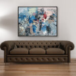 Abstract painting, original oil painting on canvas hanging in a modern living room with a brown sofa and home decor