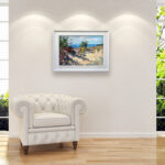 Beach painting, original oil painting on canvas hanging in a modern living room with a white sofa