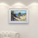 Beach painting, original oil painting on canvas hanging in a modern living room with a white sofa