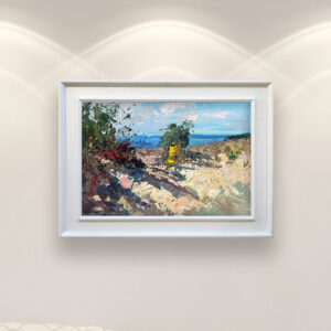 Beach painting, original oil painting on canvas, hanging on a modern wall