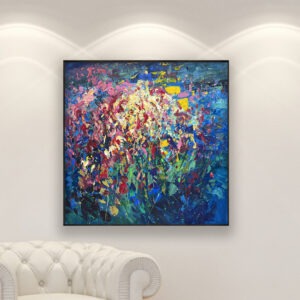 Flowers painting, original oil painting on canvas hanging in a modern living room with a white sofa and home decor