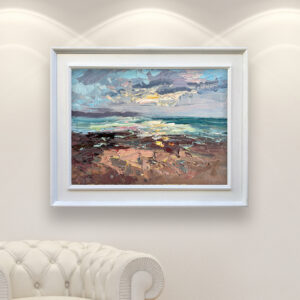 Sunset painting, original oil painting on canvas hanging in a modern living room with a white sofa