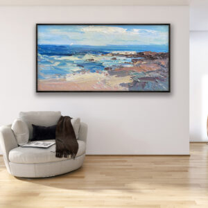 Beach painting, original oil painting on canvas hanging in a modern living room with a beige sofa