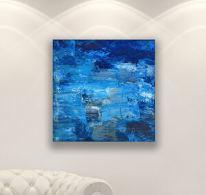 Blue Abstract oil painting on canvas with rich impasto texture hanging in a modern living room with a white sofa