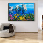 Capri painting, original oil painting on canvas hanging in a modern living room with a beige sofa