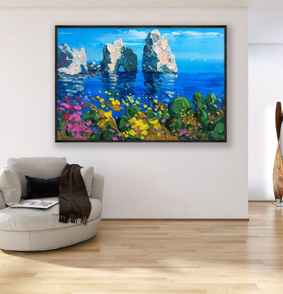 Capri painting, original oil painting on canvas hanging in a modern living room with a beige sofa