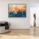 Flowers painting, original oil painting on canvas hanging in a modern living room with a beige sofa