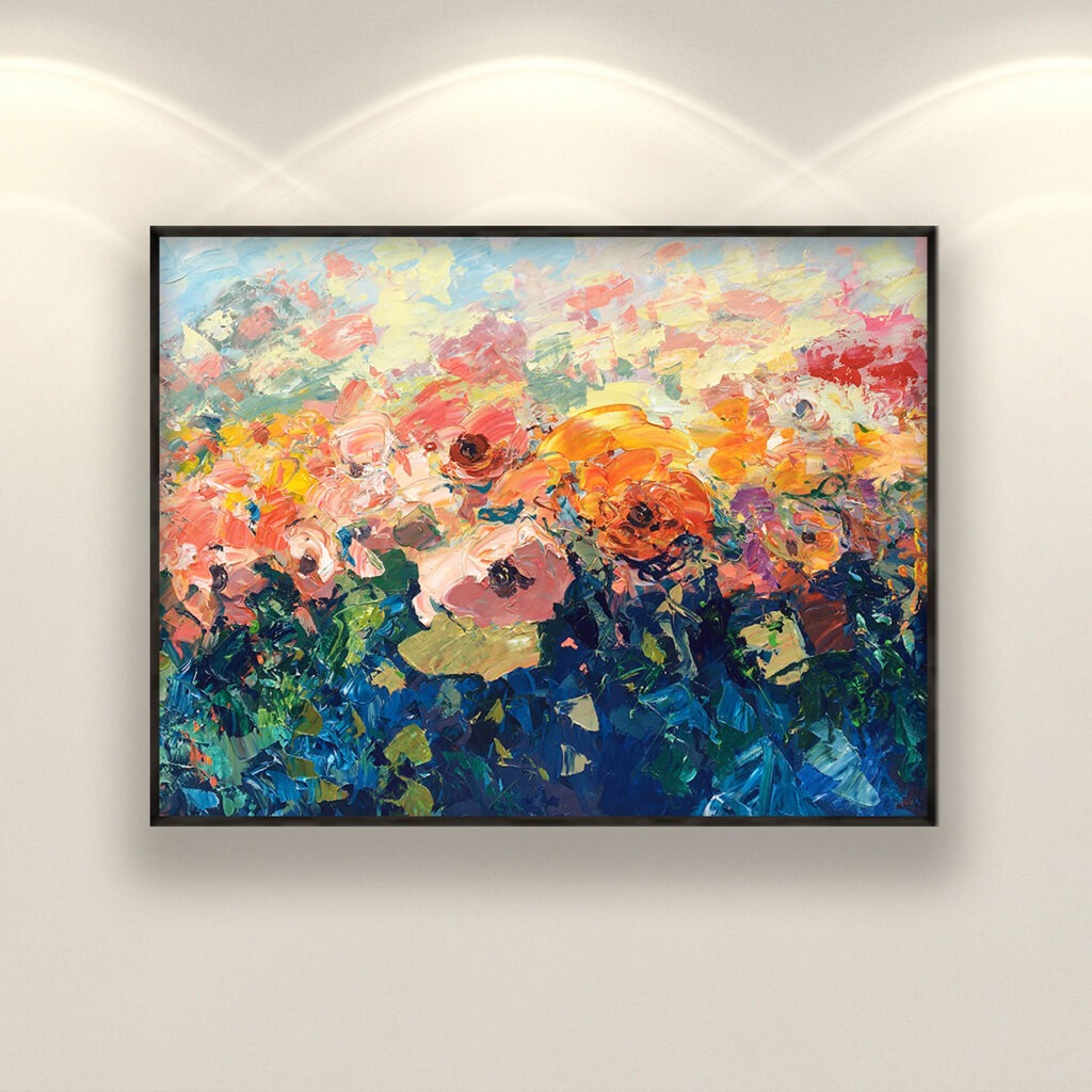 Flowers painting, original oil painting on canvas hanging on a modern wall