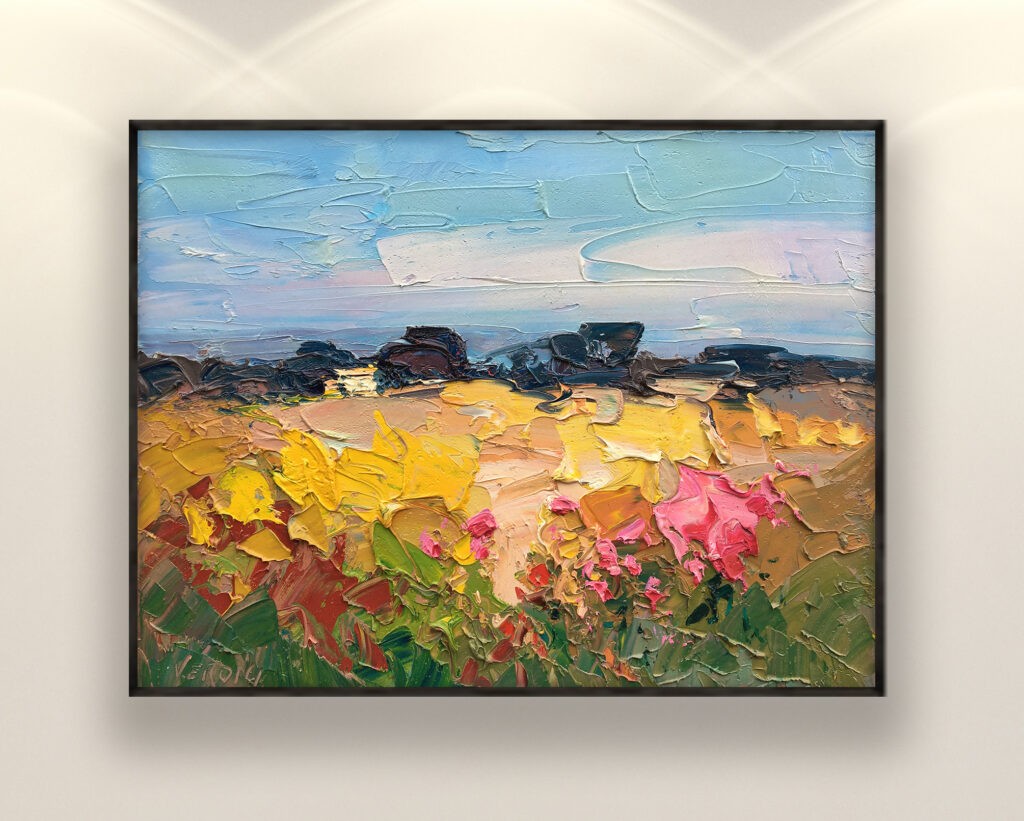 Landscape painting, original oil painting on canvas, hanging on a modern wall