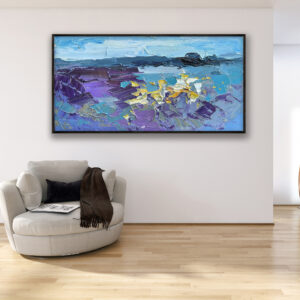 Landscape painting, original oil painting on canvas hanging in a modern living room with a beige sofa