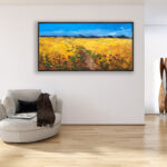 Landscape painting, original oil painting on canvas hanging in a modern living room with a beige sofa