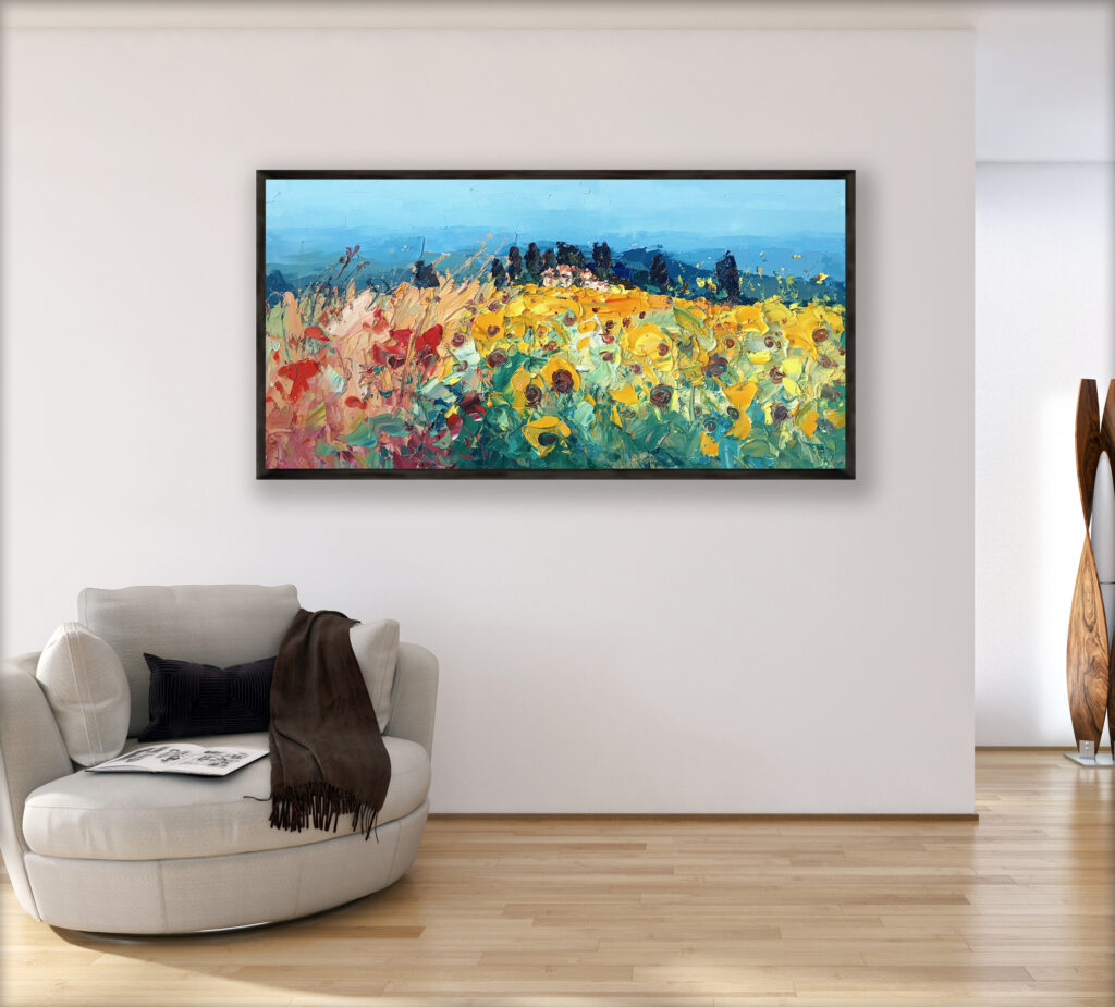 Tuscan Landscape painting, original oil painting on canvas hanging in a modern living room with a beige sofa