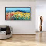 Tuscan Landscape painting, original oil painting on canvas hanging in a modern living room with a beige sofa