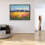 Landscape painting, original oil painting on canvas hanging in a modern living room with a beige sofa and home decor