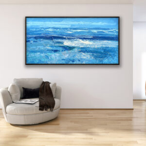 Ocean oil painting on canvas, original modern textured wall art, framed, perfect for living room wall decor and as unique gift ideas, displayed on the wall in a stylish room