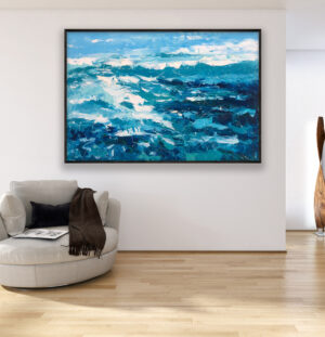 Ocean painting, original oil painting on canvas hanging in a modern living room with a beige sofa