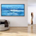 Modern abstract Ocean oil painting on canvas, original modern textured wall art, framed, perfect for living room wall decor and as unique gift ideas, displayed on the wall in a stylish room