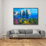 Capri painting, original oil painting on canvas hanging in a modern living room with a gray sofa