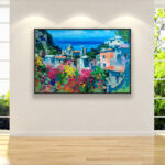 Positano oil painting on canvas, original art, modern textured large Amalfi Coast Italy wall art, perfect for living room wall decor and as unique gift ideas, displayed on the wall in a stylish room