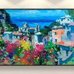 Positano oil painting on canvas, original art, modern textured large Amalfi Coast Italy wall art, perfect for living room wall decor and as unique gift ideas, displayed on the wall in a stylish room