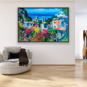 Positano oil painting on canvas, original art, modern textured large Amalfi Coast Italy wall art, perfect for living room wall decor and as unique gift ideas, displayed on the wall in a stylish room