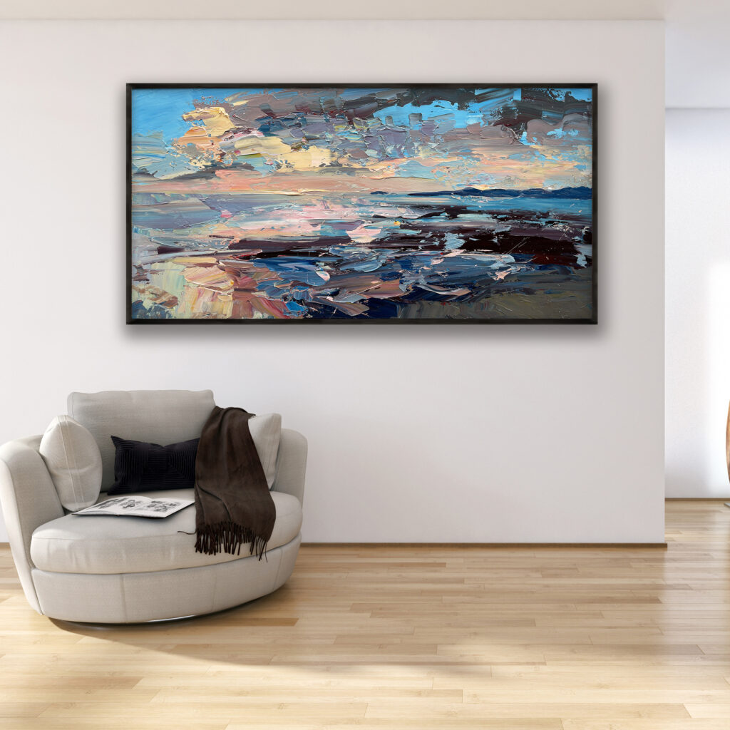 Abstract sunset oil painting on canvas, original modern textured ocean wall art, framed, perfect for living room wall decor and as unique gift ideas, displayed on the wall in a stylish room