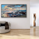 Abstract sunset oil painting on canvas, original modern textured ocean wall art, framed, perfect for living room wall decor and as unique gift ideas, displayed on the wall in a stylish room