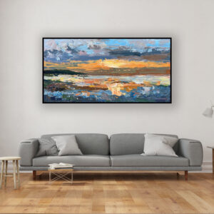 Sunset painting, original oil painting on canvas hanging in a modern living room with a gray sofa