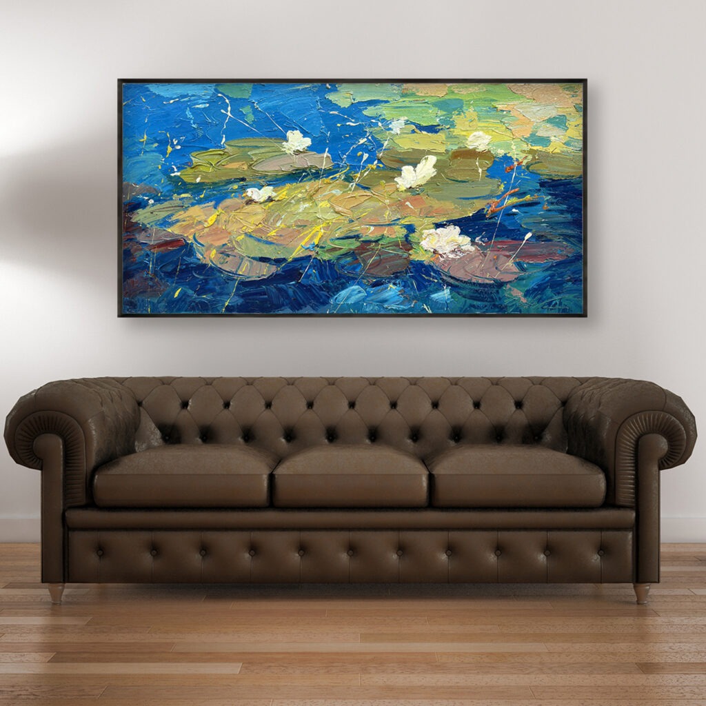 Water lilies painting, original oil painting on canvas hanging in a modern living room with a brown sofa