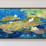 Water lilies painting, original oil painting on canvas hanging on a modern wall