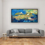 Water lilies painting, original oil painting on canvas hanging in a modern living room with a gray sofa