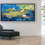 Water lilies painting, original oil painting on canvas hanging in a modern living room with a black sofa