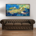 Water lilies painting, original oil painting on canvas hanging in a modern living room with a brown sofa