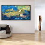 Water lilies painting, original oil painting on canvas hanging in a modern living room with a beige sofa