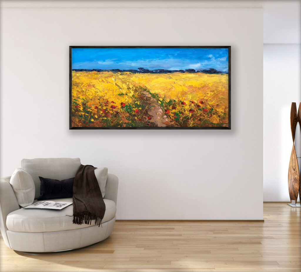 Landscape painting, original oil painting on canvas hanging in a modern living room with a beige sofa