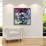 Abstract painting, original oil painting on canvas hanging in a modern living room with a white sofa and home decor