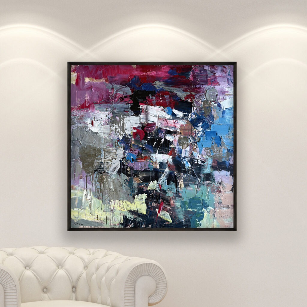 Abstract painting, original oil painting on canvas hanging in a modern living room with a white sofa and home decor