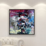 Abstract painting, original oil painting on canvas hanging in a modern living room with a white sofa and home decor