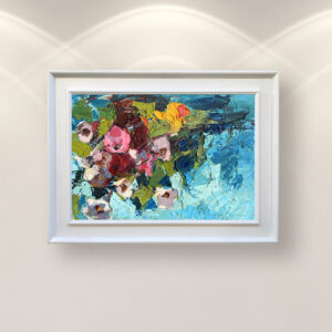 Flowers oil painting on canvas, original modern textured floral wall art, framed, perfect for room wall decor and as unique gift for her, displayed on the wall above a white sofa in a stylish living room