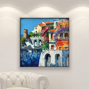 Amalfi painting, original oil painting on canvas hanging in a modern living room with a white sofa and home decor