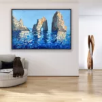 Capri painting, original oil painting on canvas hanging in a modern living room with a beige sofa