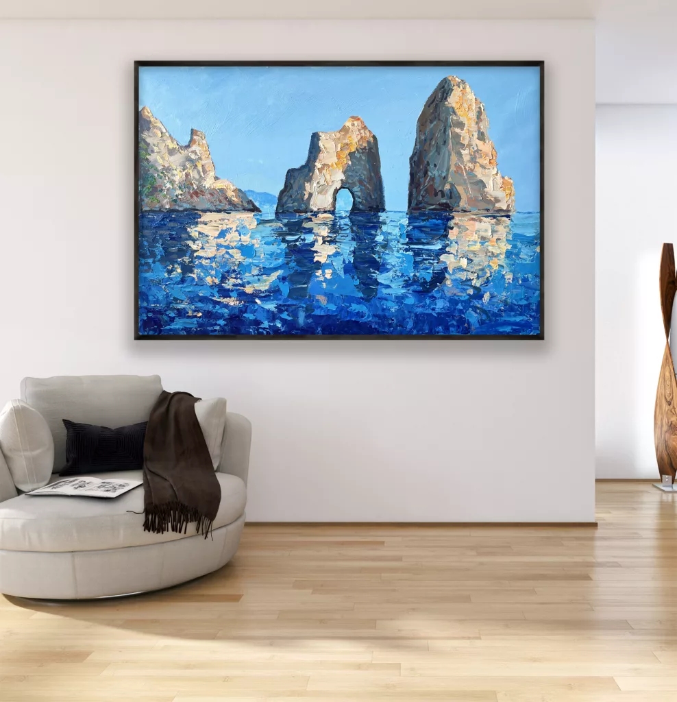 Capri painting, original oil painting on canvas hanging in a modern living room with a beige sofa