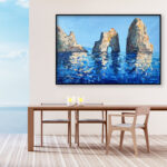 Capri painting, original oil painting on canvas hanging in a modern living room with a table and ocean view