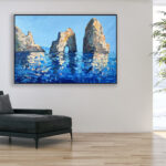 Capri painting, original oil painting on canvas hanging in a modern living room with a black sofa