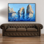 Capri painting, original oil painting on canvas hanging in a modern living room with a brown sofa