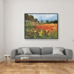 Landscape painting, original oil painting on canvas hanging in a modern living room with a gray sofa and home decor